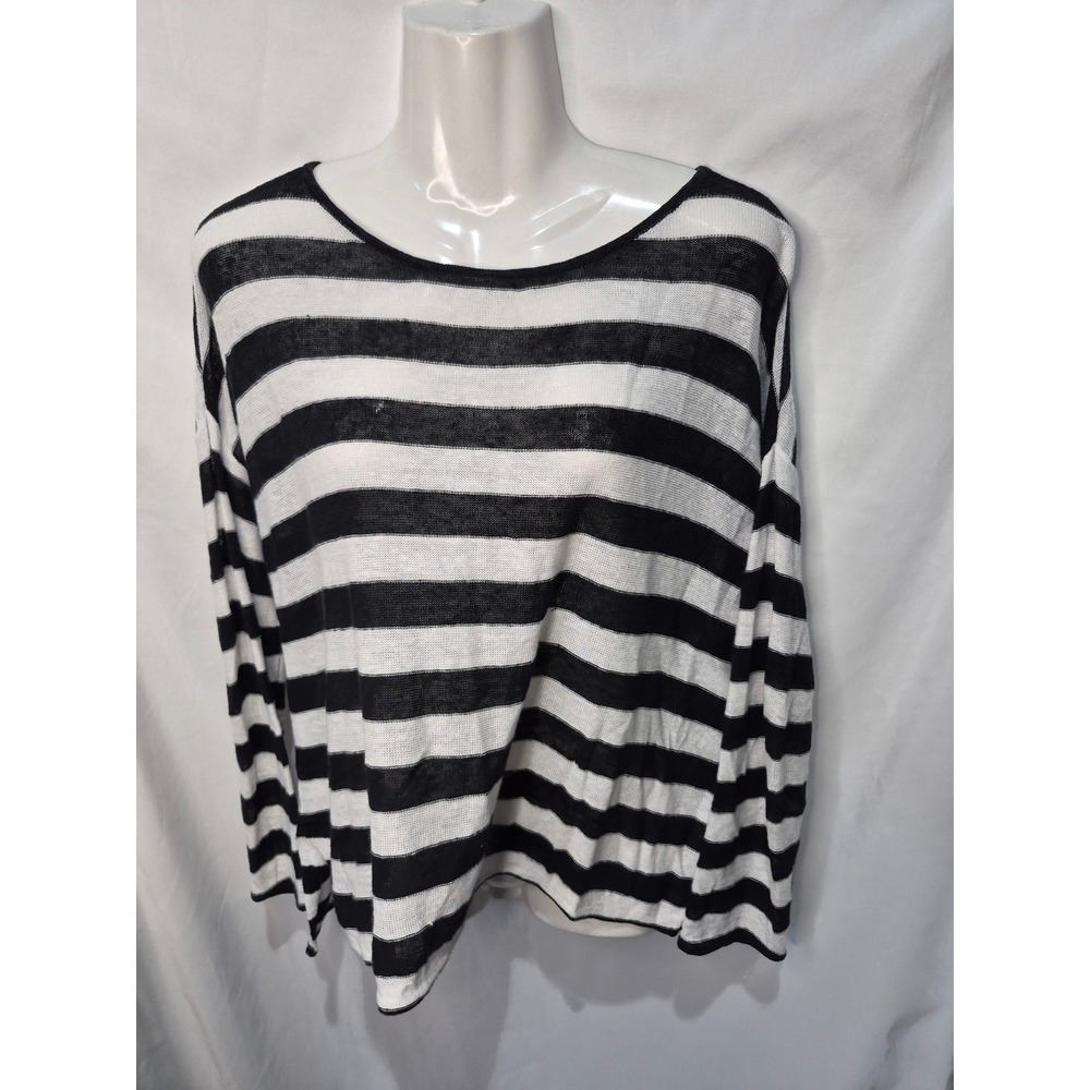Eileen Fisher Organic Linen Striped Sweater Black White Scoop Neck Lightweight
